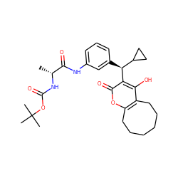 C[C@@H](NC(=O)OC(C)(C)C)C(=O)Nc1cccc([C@H](c2c(O)c3c(oc2=O)CCCCCC3)C2CC2)c1 ZINC000013744232