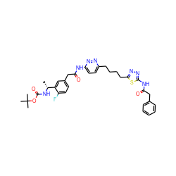 C[C@@H](NC(=O)OC(C)(C)C)c1cc(CC(=O)Nc2ccc(CCCCc3nnc(NC(=O)Cc4ccccc4)s3)nn2)ccc1F ZINC000169698677