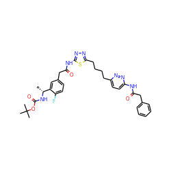 C[C@@H](NC(=O)OC(C)(C)C)c1cc(CC(=O)Nc2nnc(CCCCc3ccc(NC(=O)Cc4ccccc4)nn3)s2)ccc1F ZINC000169698675