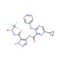 C[C@@H](NC(=O)c1c(NC(=O)c2nc(C3CC3)cnc2Nc2cncnc2)cnn1C)C(F)(F)F ZINC000169701785