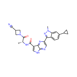 C[C@@H](NC(=O)c1c[nH]c2ncc(-c3nn(C)c4cc(C5CC5)ccc34)nc12)C(=O)N1CC(C#N)C1 ZINC000096258692