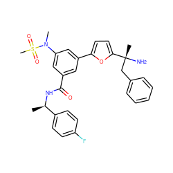 C[C@@H](NC(=O)c1cc(-c2ccc([C@](C)(N)Cc3ccccc3)o2)cc(N(C)S(C)(=O)=O)c1)c1ccc(F)cc1 ZINC000049793401