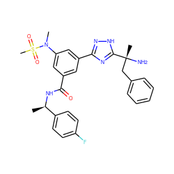 C[C@@H](NC(=O)c1cc(-c2n[nH]c([C@](C)(N)Cc3ccccc3)n2)cc(N(C)S(C)(=O)=O)c1)c1ccc(F)cc1 ZINC000049781107