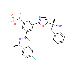 C[C@@H](NC(=O)c1cc(-c2ncc([C@](C)(N)Cc3ccccc3)o2)cc(N(C)S(C)(=O)=O)c1)c1ccc(F)cc1 ZINC000049793676