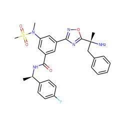 C[C@@H](NC(=O)c1cc(-c2noc([C@](C)(N)Cc3ccccc3)n2)cc(N(C)S(C)(=O)=O)c1)c1ccc(F)cc1 ZINC000049784716