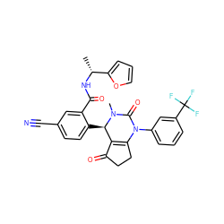 C[C@@H](NC(=O)c1cc(C#N)ccc1[C@@H]1C2=C(CCC2=O)N(c2cccc(C(F)(F)F)c2)C(=O)N1C)c1ccco1 ZINC001772589196