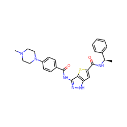 C[C@@H](NC(=O)c1cc2[nH]nc(NC(=O)c3ccc(N4CCN(C)CC4)cc3)c2s1)c1ccccc1 ZINC000003819824