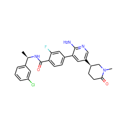 C[C@@H](NC(=O)c1ccc(-c2cc([C@@H]3CCC(=O)N(C)C3)cnc2N)cc1F)c1cccc(Cl)c1 ZINC001772608597