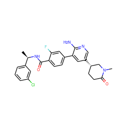 C[C@@H](NC(=O)c1ccc(-c2cc([C@H]3CCC(=O)N(C)C3)cnc2N)cc1F)c1cccc(Cl)c1 ZINC001772608598