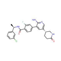 C[C@@H](NC(=O)c1ccc(-c2cc([C@H]3CCC(=O)NC3)cnc2N)cc1F)c1cccc(Cl)c1 ZINC001772636765