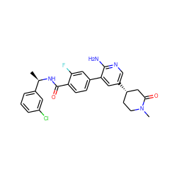 C[C@@H](NC(=O)c1ccc(-c2cc([C@H]3CCN(C)C(=O)C3)cnc2N)cc1F)c1cccc(Cl)c1 ZINC001772589780