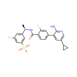 C[C@@H](NC(=O)c1ccc(-c2cc(C3CC3)cnc2N)cc1F)c1cc(F)cc(S(C)(=O)=O)c1 ZINC001772613364