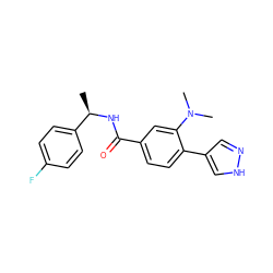 C[C@@H](NC(=O)c1ccc(-c2cn[nH]c2)c(N(C)C)c1)c1ccc(F)cc1 ZINC000223727061