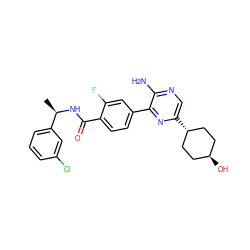 C[C@@H](NC(=O)c1ccc(-c2nc([C@H]3CC[C@H](O)CC3)cnc2N)cc1F)c1cccc(Cl)c1 ZINC001772627692