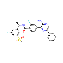 C[C@@H](NC(=O)c1ccc(-c2nc(C3=CCCCC3)cnc2N)cc1F)c1cc(F)cc(S(C)(=O)=O)c1 ZINC001772597603