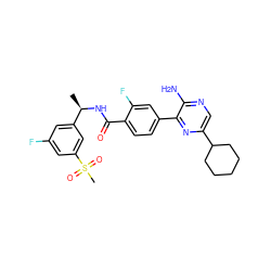 C[C@@H](NC(=O)c1ccc(-c2nc(C3CCCCC3)cnc2N)cc1F)c1cc(F)cc(S(C)(=O)=O)c1 ZINC001772653698