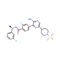 C[C@@H](NC(=O)c1ccc(-c2nc(C3CCN(S(C)(=O)=O)CC3)cnc2N)cc1F)c1cccc(Cl)c1 ZINC001772624113