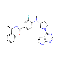 C[C@@H](NC(=O)c1ccc(N(C)[C@@H]2CCN(c3ncnc4[nH]ccc34)C2)c(F)c1)c1ccccc1 ZINC000219800304