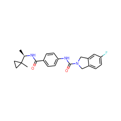 C[C@@H](NC(=O)c1ccc(NC(=O)N2Cc3ccc(F)cc3C2)cc1)C1(C)CC1 ZINC000167050878