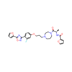 C[C@@H](NC(=O)c1ccco1)C(=O)N1CCCN(CCCOc2ccc(-c3noc(-c4ccco4)n3)c(F)c2)CC1 ZINC000027736568