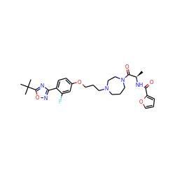 C[C@@H](NC(=O)c1ccco1)C(=O)N1CCCN(CCCOc2ccc(-c3noc(C(C)(C)C)n3)c(F)c2)CC1 ZINC000027735359