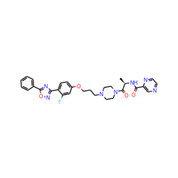 C[C@@H](NC(=O)c1cnccn1)C(=O)N1CCN(CCCOc2ccc(-c3noc(-c4ccccc4)n3)c(F)c2)CC1 ZINC000027744913