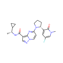 C[C@@H](NC(=O)c1cnn2ccc(N3CCC[C@@H]3c3cc(F)cn(C)c3=O)nc12)C1CC1 ZINC000169704297