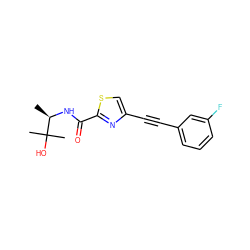 C[C@@H](NC(=O)c1nc(C#Cc2cccc(F)c2)cs1)C(C)(C)O ZINC000096933547