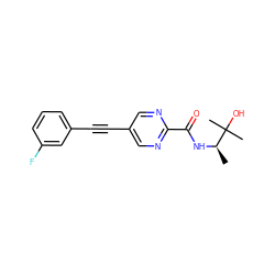 C[C@@H](NC(=O)c1ncc(C#Cc2cccc(F)c2)cn1)C(C)(C)O ZINC000096933544