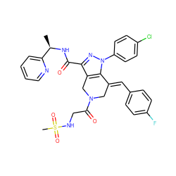 C[C@@H](NC(=O)c1nn(-c2ccc(Cl)cc2)c2c1CN(C(=O)CNS(C)(=O)=O)C/C2=C\c1ccc(F)cc1)c1ccccn1 ZINC001772588506