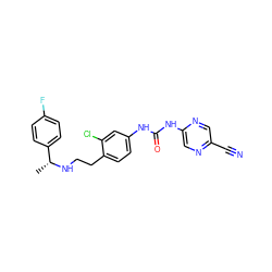 C[C@@H](NCCc1ccc(NC(=O)Nc2cnc(C#N)cn2)cc1Cl)c1ccc(F)cc1 ZINC000140071809