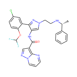 C[C@@H](NCCn1cc(NC(=O)c2cnn3cccnc23)c(-c2cc(Cl)ccc2OC(F)F)n1)c1ccccc1 ZINC001772618697