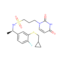 C[C@@H](NS(=O)(=O)CCCn1ccc(=O)[nH]c1=O)c1ccc(F)c(SCC2CC2)c1 ZINC001772653521