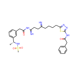 C[C@@H](NS(C)(=O)=O)c1cccc(CC(=O)NC(=N)CCC(=N)CCCCc2nnc(NC(=O)Cc3ccccc3)s2)c1 ZINC000169698653