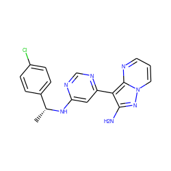 C[C@@H](Nc1cc(-c2c(N)nn3cccnc23)ncn1)c1ccc(Cl)cc1 ZINC000045256820