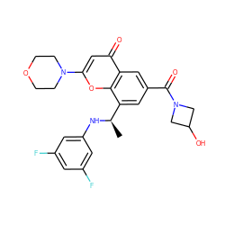 C[C@@H](Nc1cc(F)cc(F)c1)c1cc(C(=O)N2CC(O)C2)cc2c(=O)cc(N3CCOCC3)oc12 ZINC000116737791