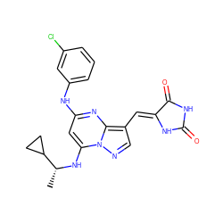 C[C@@H](Nc1cc(Nc2cccc(Cl)c2)nc2c(/C=C3\NC(=O)NC3=O)cnn12)C1CC1 ZINC000143916835