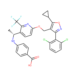 C[C@@H](Nc1ccc(C(=O)O)cc1)c1ccc(OCc2c(-c3c(Cl)cccc3Cl)noc2C2CC2)nc1C(F)(F)F ZINC000058563728