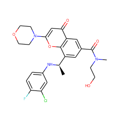 C[C@@H](Nc1ccc(F)c(Cl)c1)c1cc(C(=O)N(C)CCO)cc2c(=O)cc(N3CCOCC3)oc12 ZINC000116734578