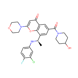 C[C@@H](Nc1ccc(F)c(Cl)c1)c1cc(C(=O)N2CCC(O)CC2)cc2c(=O)cc(N3CCOCC3)oc12 ZINC000116738015