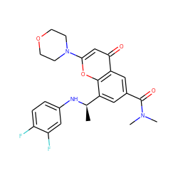 C[C@@H](Nc1ccc(F)c(F)c1)c1cc(C(=O)N(C)C)cc2c(=O)cc(N3CCOCC3)oc12 ZINC000116737458