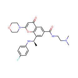 C[C@@H](Nc1ccc(F)cc1)c1cc(C(=O)NCCN(C)C)cc2c(=O)cc(N3CCOCC3)oc12 ZINC000116738198