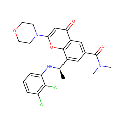 C[C@@H](Nc1cccc(Cl)c1Cl)c1cc(C(=O)N(C)C)cc2c(=O)cc(N3CCOCC3)oc12 ZINC000116737359