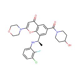 C[C@@H](Nc1cccc(Cl)c1F)c1cc(C(=O)N2CCC(O)CC2)cc2c(=O)cc(N3CCOCC3)oc12 ZINC000116734648