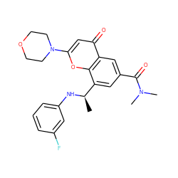 C[C@@H](Nc1cccc(F)c1)c1cc(C(=O)N(C)C)cc2c(=O)cc(N3CCOCC3)oc12 ZINC000116734587