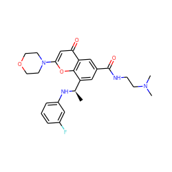 C[C@@H](Nc1cccc(F)c1)c1cc(C(=O)NCCN(C)C)cc2c(=O)cc(N3CCOCC3)oc12 ZINC000116739214