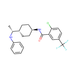 C[C@@H](Nc1ccccc1)[C@H]1CC[C@H](NC(=O)c2cc(C(F)(F)F)ccc2Cl)CC1 ZINC000261186042