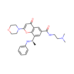 C[C@@H](Nc1ccccc1)c1cc(C(=O)NCCN(C)C)cc2c(=O)cc(N3CCOCC3)oc12 ZINC000116738226