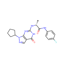 C[C@@H](Nc1nc2c(cnn2C2CCCC2)c(=O)[nH]1)C(=O)Nc1ccc(F)cc1 ZINC000299822874