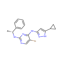 C[C@@H](Nc1ncc(Br)c(Nc2cc(C3CC3)[nH]n2)n1)c1ccccc1 ZINC000034614244